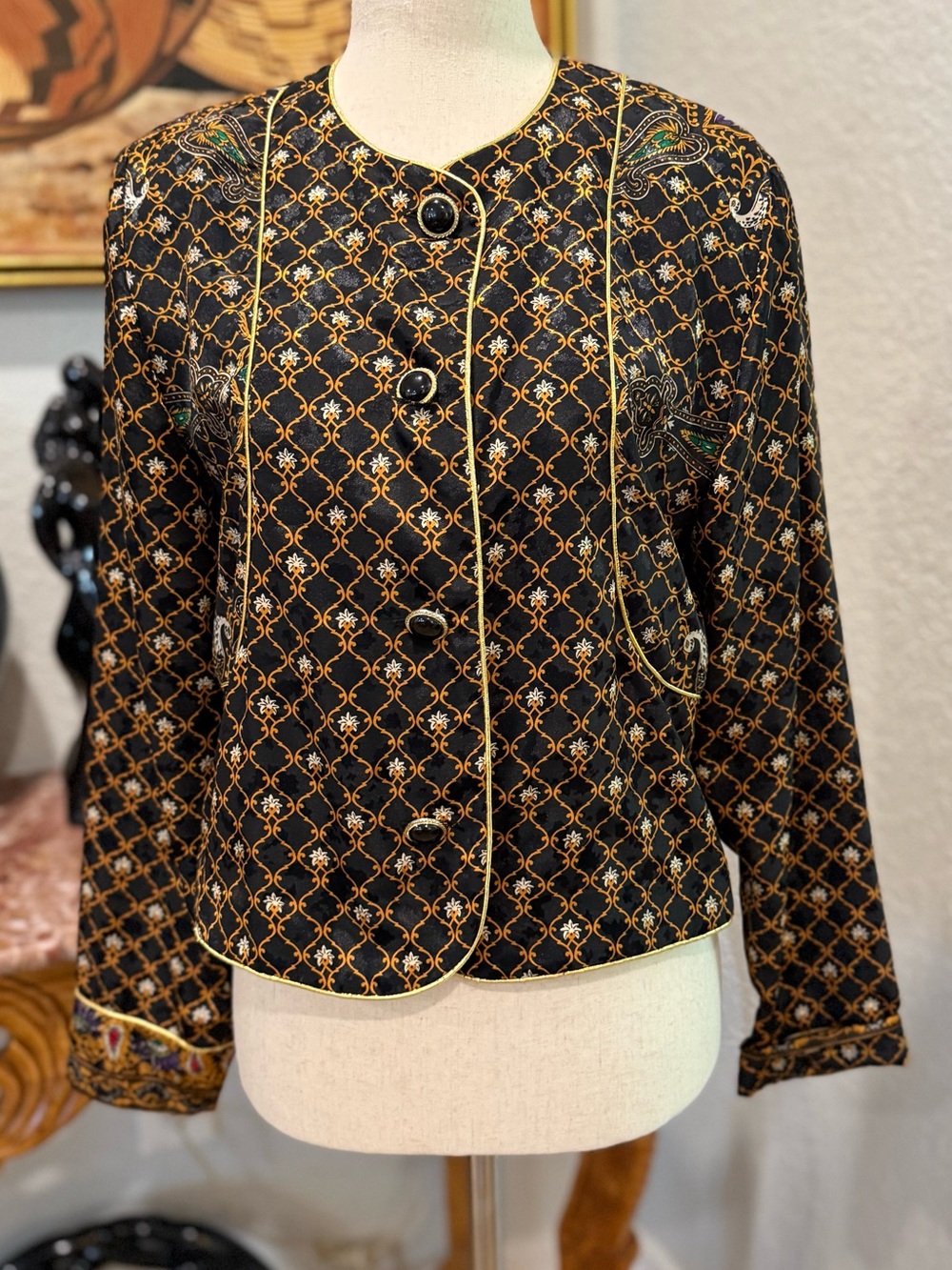 VTG Black Quilted Button-Front Blazer with Gold Trim